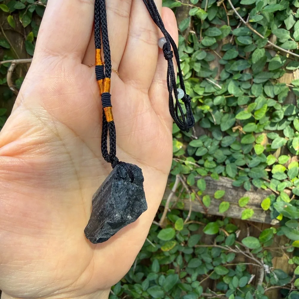 Natural Black Stone Pendant Necklace Adjustable